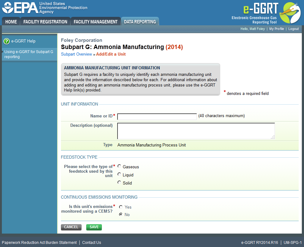 Subpart G: Step 3 - Enter required information and click the SAVE button